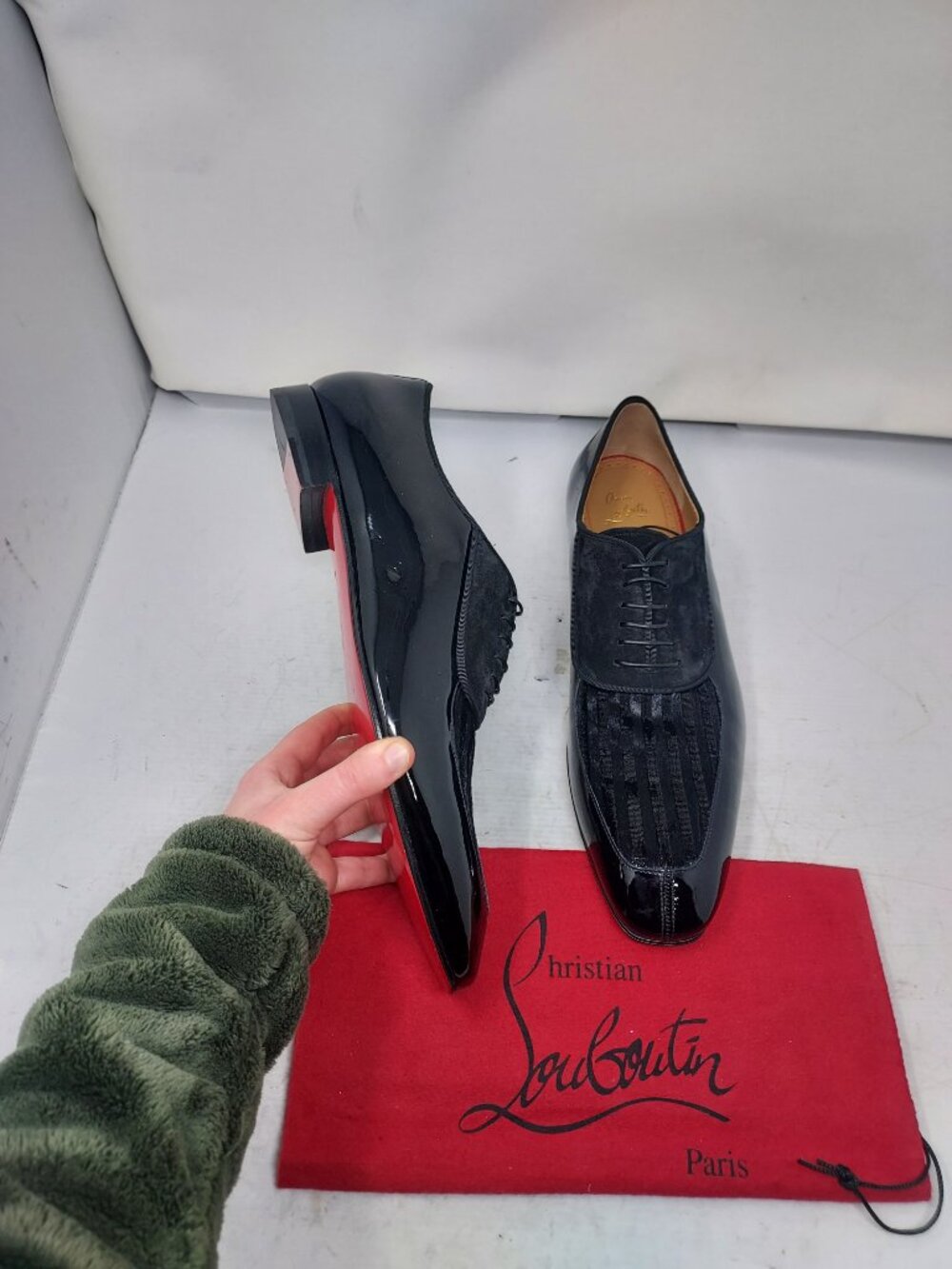 Christian Louboutin Black Lafitte Velvet Patent Striped Lace Up Shoe